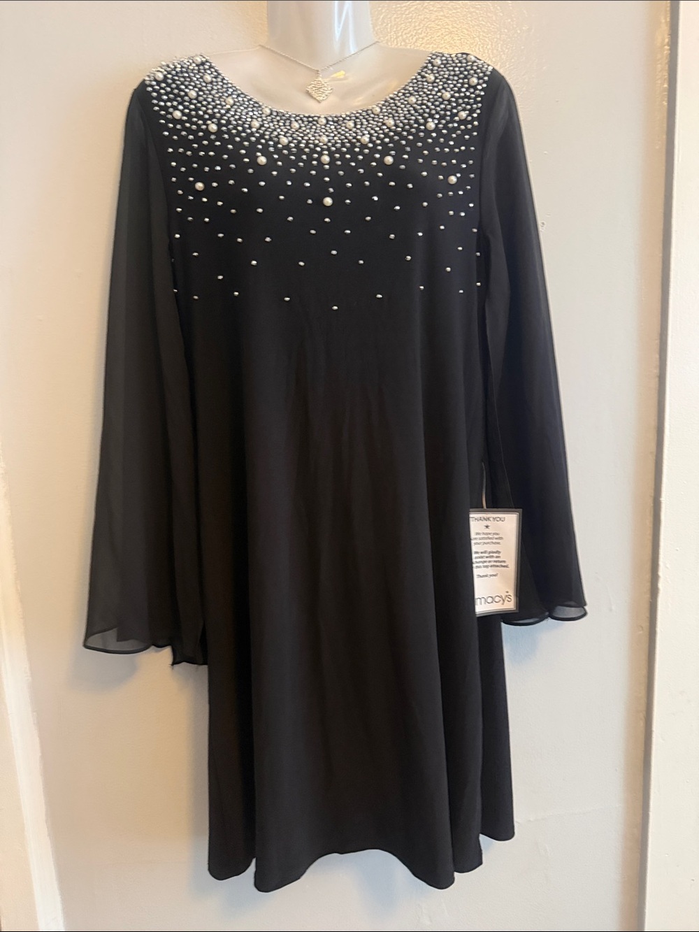 Macy's Black Long-Sleeve Chiffon Dress with Pearl Accents